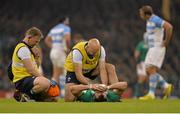 18 October 2015; Tommy Bowe, Ireland, is attended to by Ireland team doctor Dr Eanna Falvey, right, and Ireland physiotherapist James Allen before leaving the field with an injury. 2015 Rugby World Cup Quarter-Final, Ireland v Argentina. Millennium Stadium, Cardiff, Wales. Picture credit: Matt Browne / SPORTSFILE