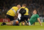 18 October 2015; Tommy Bowe, Ireland, is attended to by Ireland team doctor Dr Eanna Falvey, left, and Ireland physiotherapist James Allen before leaving the field with an injury. 2015 Rugby World Cup Quarter-Final, Ireland v Argentina. Millennium Stadium, Cardiff, Wales.  Picture credit: Brendan Moran / SPORTSFILE