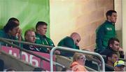 18 October 2015; Ireland players, including Mike McCarthy, Tadhg Furlong, Paul O'Connell, Peter O'Mahony and Jonathan Sexton, watch on during the second half. 2015 Rugby World Cup Quarter-Final, Ireland v Argentina. Millennium Stadium, Cardiff, Wales. Picture credit: Stephen McCarthy / SPORTSFILE