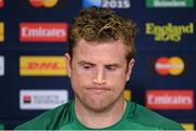 18 October 2015; Ireland captain Jamie Heaslip during the post match press conference. 2015 Rugby World Cup Quarter-Final, Ireland v Argentina. Millennium Stadium, Cardiff, Wales. Picture credit: Brendan Moran / SPORTSFILE