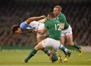 18 October 2015; Juan Martin Hernandez, Argentina, is tackled by Keith Earls and Robbie Henshaw, 12, Ireland. 2015 Rugby World Cup Quarter-Final, Ireland v Argentina. Millennium Stadium, Cardiff, Wales. Picture credit: Stephen McCarthy / SPORTSFILE
