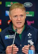 18 October 2015; Ireland head coach Joe Schmidt during the post-match press conference. 2015 Rugby World Cup Quarter-Final, Ireland v Argentina. Millennium Stadium, Cardiff, Wales. Picture credit: Brendan Moran / SPORTSFILE