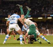 18 October 2015; Devin Toner, Ireland, is tackled short of the try line. 2015 Rugby World Cup Quarter-Final, Ireland v Argentina. Millennium Stadium, Cardiff, Wales. Picture credit: Stephen McCarthy / SPORTSFILE