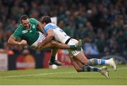 18 October 2015; Dave Kearney, Ireland, is tackled by Juan Imhoff, Argentina. 2015 Rugby World Cup Quarter-Final, Ireland v Argentina. Millennium Stadium, Cardiff, Wales. Picture credit: Stephen McCarthy / SPORTSFILE