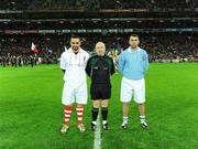 31 January 2009; The Tyrone captain Ryan McMenamin and Dublin captain David Henry with referee Martin Duffy before the game. Allianz GAA National Football League, Division 1, Round 1, Dublin v Tyrone, Croke Park, Dublin. Picture credit: Ray McManus / SPORTSFILE