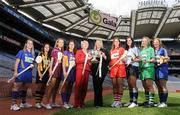 10 June 2009; At the launch of the Gala All-Ireland Camogie Championships are Joan O'Flynn, President of the Camogie Association and Denise Lord, Gala Customer Service Manager, right, holding the O'Duffy Cup, with players from left, Geraldine Kinane, Tipperary, Ann Dalton, Kilkenny, Aisling Connolly, Galway, Aoife O'Connor, Wexford, Amanda O'Regan, Cork, Louise O'Hara, Dublin, Deirdre Fitzpatrick, Limerick, and Deirdre Murphy, Clare. Croke Park, Dublin. Picture credit: Pat Murphy / SPORTSFILE  *** Local Caption ***