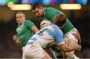 18 October 2015; Rob Kearney, Ireland, is tackled by Santiago Cordero, Argentina. 2015 Rugby World Cup Quarter-Final, Ireland v Argentina. Millennium Stadium, Cardiff, Wales. Picture credit: Brendan Moran / SPORTSFILE