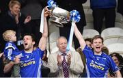 18 October 2015; Scotstown joint captains Francis Caulfield and Donal Morgan lifting the Mick Duffy cup. Monaghan County Senior Football Championship Final, Scotstown v Monaghan Harps. St Tiernach's Park Clones Co.Monaghan. Picture credit: Philip Fitzpatrick / SPORTSFILE