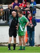 18 October 2015; Conor Tiernan, Sarsfields, is shown the red card by referee Liam Herbert. Kildare County Senior Football Championship Final, Athy v Sarsfields. St Conleth's Park, Newbridge, Co. Kildare. Picture credit: Piaras Ó Mídheach / SPORTSFILE