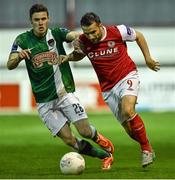 19 October 2015; Christy Fagan, St Patrick's Athletic, in action against Garry Buckley, Cork City. SSE Airtricity League Premier Division, St Patrick's Athletic v Cork City, Richmond Park, Dublin. Picture credit: David Maher / SPORTSFILE