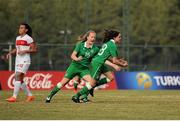 20 October 2015; Leanne Kiernan, right,  Republic of Ireland, celebrates with team-mate Lauren Kelly after scoring her team's first goal. 2015-16 UEFA Women’s U17 European Championship Qualifying Round, Group 1, Republic of Ireland v Turkey, Altinordu Selçuk Efes, Izmir, Turkey. Picture credit: Eóin Noonan / SPORTSFILE