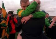 9 May 1998. Kerry captain Brian Scanlon is congratulated by County Chairman Sean Walsh, All-Ireland U-21 Football Final, Kerry v Laois, Gaelic Grounds, Limerick. Picture Credit: Brendan Moran/SPORTSFILE.