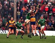 22 March 1998; Shane O'Neill of Limerick and Colin Lynch of Clare go up for a high ball watched by Liam Doyle of Clare, left, and Mike Galligan of Limerick during the Church & General National Hurling League Division 1A match between Limerick and Clare at the Gaelic Grounds in Limerick. Photo by Matt Browne/Sportsfile