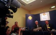 30 May 1998.GAA Press Officer Danny Lynch and GAA President Joe McDonagh, right, listen to  questions at a press briefing after the discussion  of the GAA's &quot;Rule 21&quot; at the Burlington Hotel, Dublin. Picture credit: Brendan Moran/SPORTSFILE