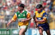 9 August 1998; John Troy of Offaly in action against Richard Woods of Clare during the GAA Hurling All-Ireland Senior Championship Semi-Final match between Offaly and Clare at Croke Park in Dublin. Photo by Brendan Moran/Sportsfile