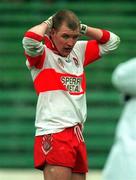 12 April 1998; Johnny McBride of Derry reacts after being sent off during the National Football League Semi-Final match between Derry and Monaghan at Croke Park in Dublin. Photo by Ray McManus/Sportsfile