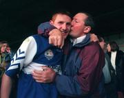 9 May 1998; Noel Kennelly of of Kerry receives a kiss from his father, former Kerry footballer, Tim Kennelly after the All-Ireland U-21 Football Final match between Kerry and Laois at the Gaelic Grounds in Limerick. Photo by Ray McManus/Sportsfile