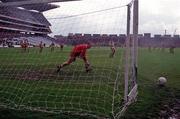 26 April 1998; Ciaran McManus of Offaly misses a penalty kick during the Church & General National Football League Final match between Offaly and Derry at Croke Park in Dublin. Photo by Ray McManus/Sportsfile
