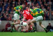 2 March 1997. Action features, from left, Killian Burns, Kerry, Stephen O'Brien, Cork  Barry O'Shea, Kerry and Seamus Moynihan, Kerry. National Football League Final, Kerry v Cork, Páirc U’ Chaoimh, Cork. Picture Credit: Ray McManus/SPORTSFILE.