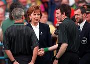 12 July 1998; President Mary McAleese meets referee Willie Barrett prior to the Munster GAA Hurling Senior Championship Final match between Clare and Waterford at Semple Stadium in Thurles, Tipperary. Photo by Ray McManus/Sportsfile