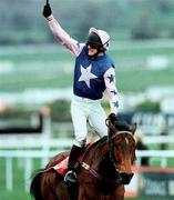 18 March 1998; Ruby Walsh celebrates on Alexander Banquet after winning the Weatherbys Champion Bumper Standard Open National Hunt Flat Race on Day Two of the Cheltenham Racing Festival at Prestbury Park in Cheltenham, England. Photo by Matt Browne/Sportsfile