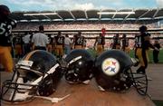 27 July 1997; Helmets are seen during the American Bowl match between Chicago Bears and Pittsburgh Steelers at Croke Park in Dublin. Photo by Brendan Moran/Sportsfile