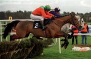 23 January 2000; Boss Doyle, with Charlie Swan up, jumps the last ahead of Gentle Mossy, with Joey Elliott up, to win the Ashford Handicap Hurdle at Leopardstown Racecourse in Dublin. Photo by Matt Browne/Sportsfile