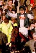 19 March 1998; Anthony Thornton on Cool Dawn celebrates after winning the Tote Cheltenham Gold Cup Steeplechase on Day Three of the Cheltenham Racing Festival at Prestbury Park in Cheltenham, England. Photo by  Matt Browne/Sportsfile