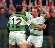 19 November 2000; Denis Hickie of Ireland, right, celebrates after scoring his side's first try with team-mate Rob Henderson during the International Rugby Friendly match between Ireland and South Africa at Lansdowne Road in Dublin. Photo by  Matt Browne/Sportsfile