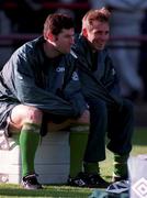 9 November 1996; Denis Irwin and David Kelly take a rest  during a Republic of Ireland training session at Lansdowne Road in Dublin. Photo by Ray McManus/Sportsfile