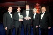 12 November 2000; Pictured are, from left, FAI President Pat Quigley, Senior Player of the Year Mark Kinsella, Young Player of the Year Richard Dunne, Eircom Director of Group Corporate Relations Gerry O'Sullivan and President of FIFA Sepp Blatter during the Eircom FAI International Awards at the Citywest Hotel in Dublin. Photo by David Maher/Sportsfile