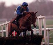 31 December 2000; Rua Lass, with AK Wyse up, jumps the last on their way to finishing third in the O'Dwyers Stillorgan Orchard Novice Hurdle on day three of the Leopardstown Christmas Festival at Leopardstown Racecourse in Dublin. Photo by Aoife Rice/Sportsfile