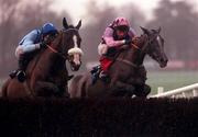 31 December 2000; Rose of Inchiquin, with Tom Treacy up, rigtht, jumps the last ahead of Brush The Flag, with AK Wyse up, William Neville & Sons Novice Steeplechase on day three of the Leopardstown Christmas Festival at Leopardstown Racecourse in Dublin. Photo by Aoife Rice/Sportsfile