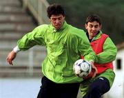 17 November 1998; Niall Quinn in action against Gareth Whalley during a Republic of Ireland training session at the Radnitchi Stadium in Belgrade, Yugoslavia. Photo by David Maher/Sportsfile