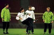 16 November 1998; Niall Quinn, centre, controls the ball as Gary Breen, Kenny Cunningham and Damien Duff look on  during a Republic of Ireland Training Session at Red Star Belgrade in Belgrade, Yugoslavia. Photo by David Maher/Sportsfile