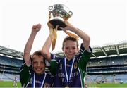 21 October 2015; St Pius X BNS Terenure captain Oisín Horan, right, and his brother Conor celebrate their win in the Corn na NGearaltach over Bishop Galvin. Allianz Cumann na mBunscol Finals. Croke Park, Dublin. Picture credit: Piaras Ó Mídheach / SPORTSFILE