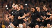 17 October 2015; Richie McCaw and his New Zealand team-mate perform 'The Haka' ahead of the game. 2015 Rugby World Cup, Quarter-Final, New Zealand v France. Millennium Stadium, Cardiff, Wales. Picture credit: Stephen McCarthy / SPORTSFILE