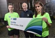 22 October 2015; Irish marathon runners Sean Hehir and Sara Mulligan and race director Jim Augnhey are pictured at The SSE Airtricity Dublin Marathon announcement that the 2016 race will take place on Sunday, 30th October, the day before the October Bank Holiday. This will be the first time in the Marathon’s 36 year history that it will take place on a Sunday. This year’s event takes place this coming Monday, 26th October and is set to see a record 15,000 runners, joggers and walkers take part. Wilson Hartnell, Ely Place, Dublin. Picture credit: David Maher / SPORTSFILE