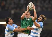 18 October 2015; Robbie Henshaw, Ireland, in action against Pablo Matera, left, and Juan Martin Fernandez Lobbe, Argentina. 2015 Rugby World Cup Quarter-Final, Ireland v Argentina. Millennium Stadium, Cardiff, Wales. Picture credit: Stephen McCarthy / SPORTSFILE