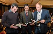 22 October 2015; From left, Michael Murphy, Donegal footballer, Rory Kavanagh and former St. Eunan's footballer John Haran in attendance at the launch of 'Winning' by Rory Kavanagh. Mount Errigal Hotel, Ballyraine, Letterkenny, Co. Donegal. Picture credit: Seb Daly / SPORTSFILE