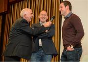 22 October 2015; MC Charlie Colins talks to Donegal footballer Michael Murphy, right, and former St. Eunan's footballer John Haran at the launch of 'Winning' by Rory Kavanagh. Mount Errigal Hotel, Ballyraine, Letterkenny, Co. Donegal. Picture credit: Seb Daly / SPORTSFILE