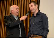 22 October 2015; MC Charlie Colins talks with Donegal Manager Rory Gallagher at the launch of 'Winning' by Rory Kavanagh. Mount Errigal Hotel, Ballyraine, Letterkenny, Co. Donegal. Picture credit: Seb Daly / SPORTSFILE