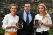 23 October 2015; Cork's Briege Corkery, left, and Maria Delahunty, Waterford, pictured receiving the Croke Park Hotel Player of the Month for September and August respectively from Seán Reid of the Croke Park Hotel. Croke Park Hotel & LGFA Player of the Month for August and September 2015. Croke Park Hotel, Dublin. Photo by Sportsfile