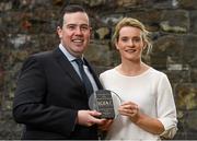 23 October 2015; Briege Corkery, Cork, receiving the Croke Park Hotel Player of the Month for September from Seán Reid of the Croke Park Hotel. Croke Park Hotel & LGFA Player of the Month for August and September 2015. Croke Park Hotel, Dublin. Photo by Sportsfile