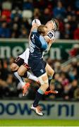 23 October 2015; Louis Ludik, Ulster, and Dan Fish, Cardiff Blues, contest a high ball. Guinness PRO12, Round 5, Ulster v Cardiff Blues. Kingspan Stadium, Ravenhill Park, Belfast. Picture credit: Seb Daly / SPORTSFILE