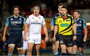 23 October 2015; Cardiff Blues captain Josh Navidi, Ulster captain Rob Herring and Referee Ben Whitehouse turn to face the big screen to watch a replay. Guinness PRO12, Round 5, Ulster v Cardiff Blues. Kingspan Stadium, Ravenhill Park, Belfast. Picture credit: Seb Daly / SPORTSFILE