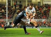 23 October 2015; Stuart McCloskey, Ulster, is tackled by Rhys Patchell, Cardiff Blues, on his way to scoring his side's fourth try of the match. Guinness PRO12, Round 5, Ulster v Cardiff Blues. Kingspan Stadium, Ravenhill Park, Belfast. Picture credit: Seb Daly / SPORTSFILE