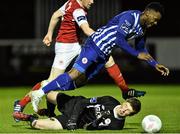 23 October 2015; Conor O'Malley, St Patrick's Athletic goalkeeper, fouls Jennison Myrie Williams, Sligo Rovers, resulting in a penalty being awarded. SSE Airtricity League Premier Division, St Patrick's Athletic v Sligo Rovers. Richmond Park, Dublin. Picture credit: David Maher / SPORTSFILE