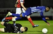 23 October 2015; Conor O'Malley, St Patrick's Athletic goalkeeper, fouls Jennison Myrie Williams, Sligo Rovers, resulting in a penalty being awarded. SSE Airtricity League Premier Division, St Patrick's Athletic v Sligo Rovers. Richmond Park, Dublin. Picture credit: David Maher / SPORTSFILE