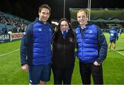 23 October 2015; Leinster Rugby PRO of the Month Award winner Rachael O'Brien, County Carlow RFC, with Leinster's Kevin McLaughlin, left, and Darragh Fanning at the Guinness PRO12, Round 5, clash between Leinster and Glasgow Warriors at the RDS, Ballsbridge, Dublin. Picture credit: Stephen McCarthy / SPORTSFILE
